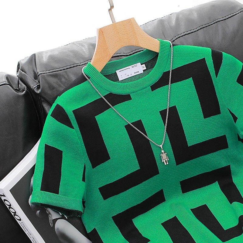 2026 Designer T-shirt Luxury Brand Fashion New Thick Round Neck Pullover Short Sleeved Top Men's Knitted Sweater Striped Jacquard T-shirt Youth B