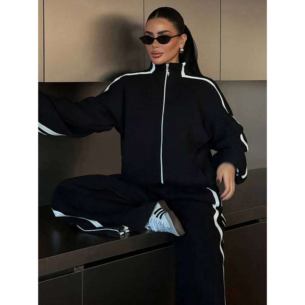 2026 New Arrival Women Contrast Color Hoodie Pant Suits Long Sleeve Zipper Wide Leg Trousers Ladies Casual Spring Two Piece Set Streetwear Loungewear 