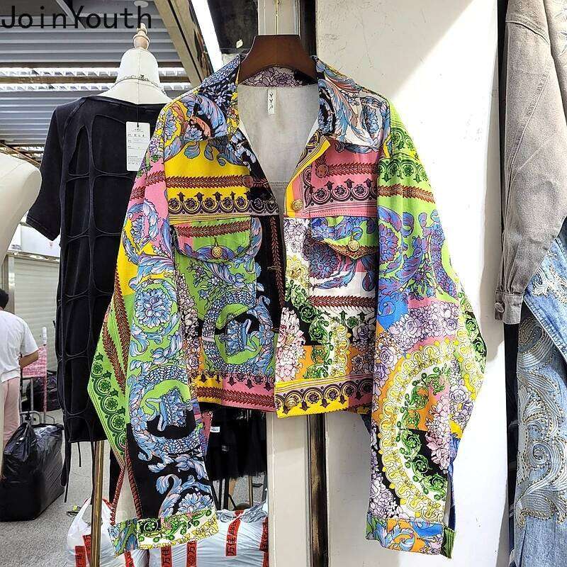 Women Harajuku Print Denim Jacket Casual Korean Style Cropped Coat Streetwear Fashion Outwear Y2K Tops Vintage Jean Jacket MAKOUFEI