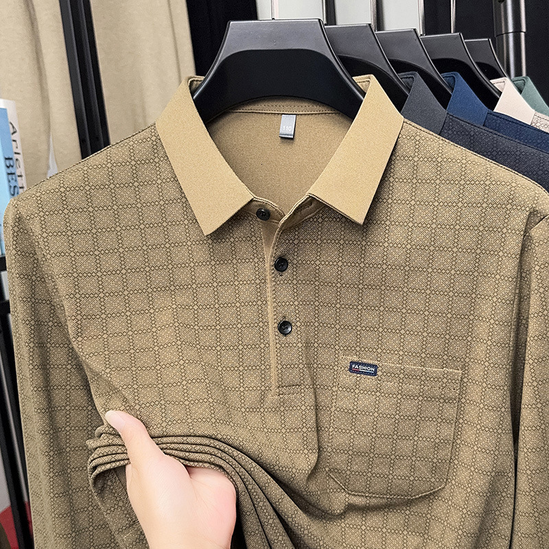Luxury Designer 2026 New Men's Long-sleeve Plaid T-shirt With Pockets POLO Shirt For Middle-aged Men Casual Fashion Top Men's Trendy Apparel