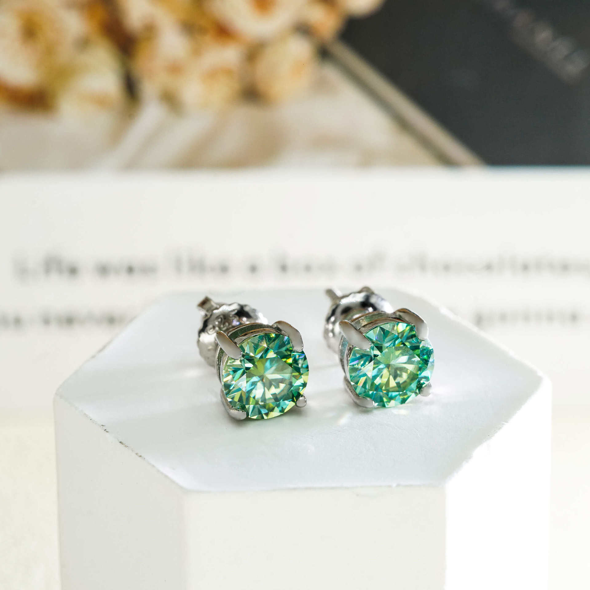 Single stone four-prong blue-green moissanite stud earrings S925 silver unisex available in multiple sizes simple earrings