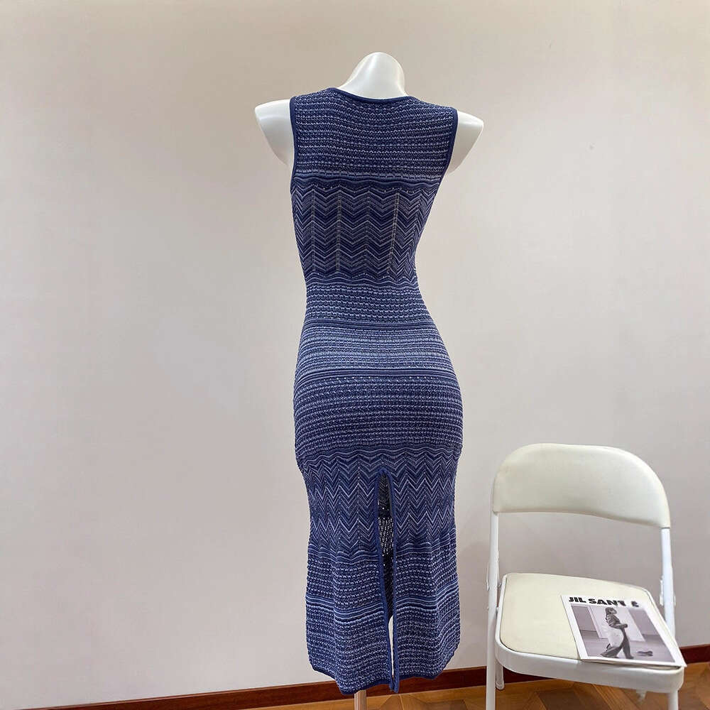 2026 Summer New Designer Holiday k30 Style Hollow Knitted Deep Blue Wave Pattern Tank Top cardigan Women's Dress