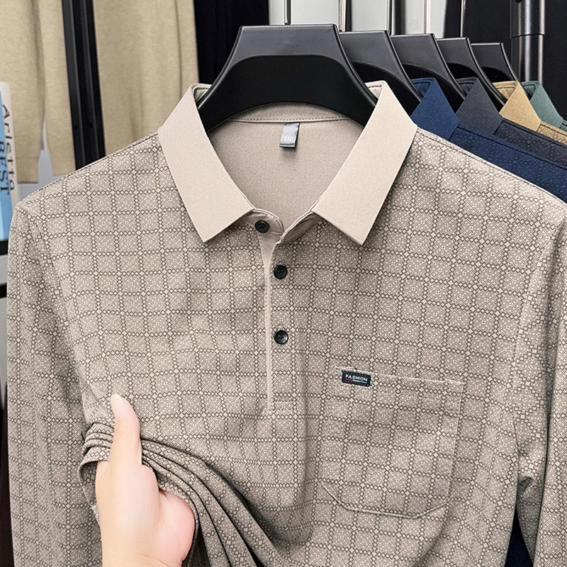 Luxury Designer 2026 New Men's Long-sleeve Plaid T-shirt With Pockets POLO Shirt For Middle-aged Men Casual Fashion Top Men's Trendy Apparel