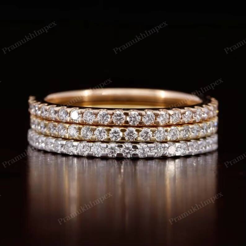 18K Yellow Rose White Gold Plated Round Lab Grown Diamond IGI Certified Dainty Eternity Stacking Wedding Band Wholesale Price