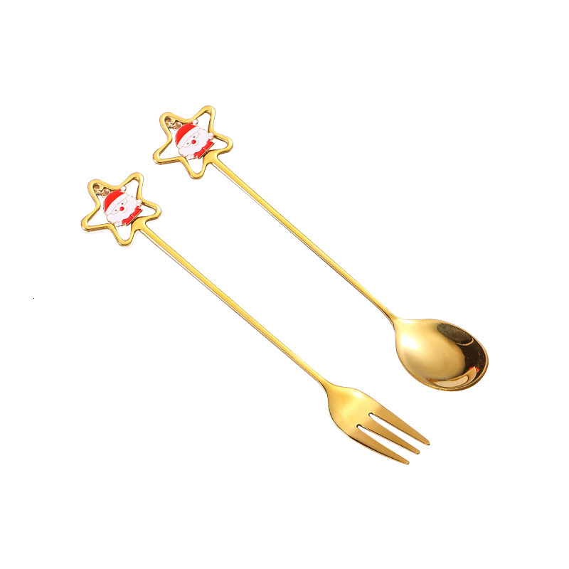 2pcs Cross-border stainless steel spoon and fork two-piece set, gold cake dessert coffee spoon, fruit fork, Christmas tableware