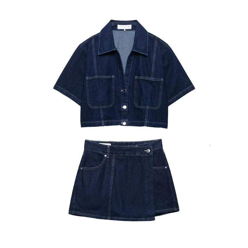 Vintage Women's Navy Blue Acetate Denim Shorts Set, Two-Piece Button-Up Shirt and Waistband Shorts for Daily Outfit