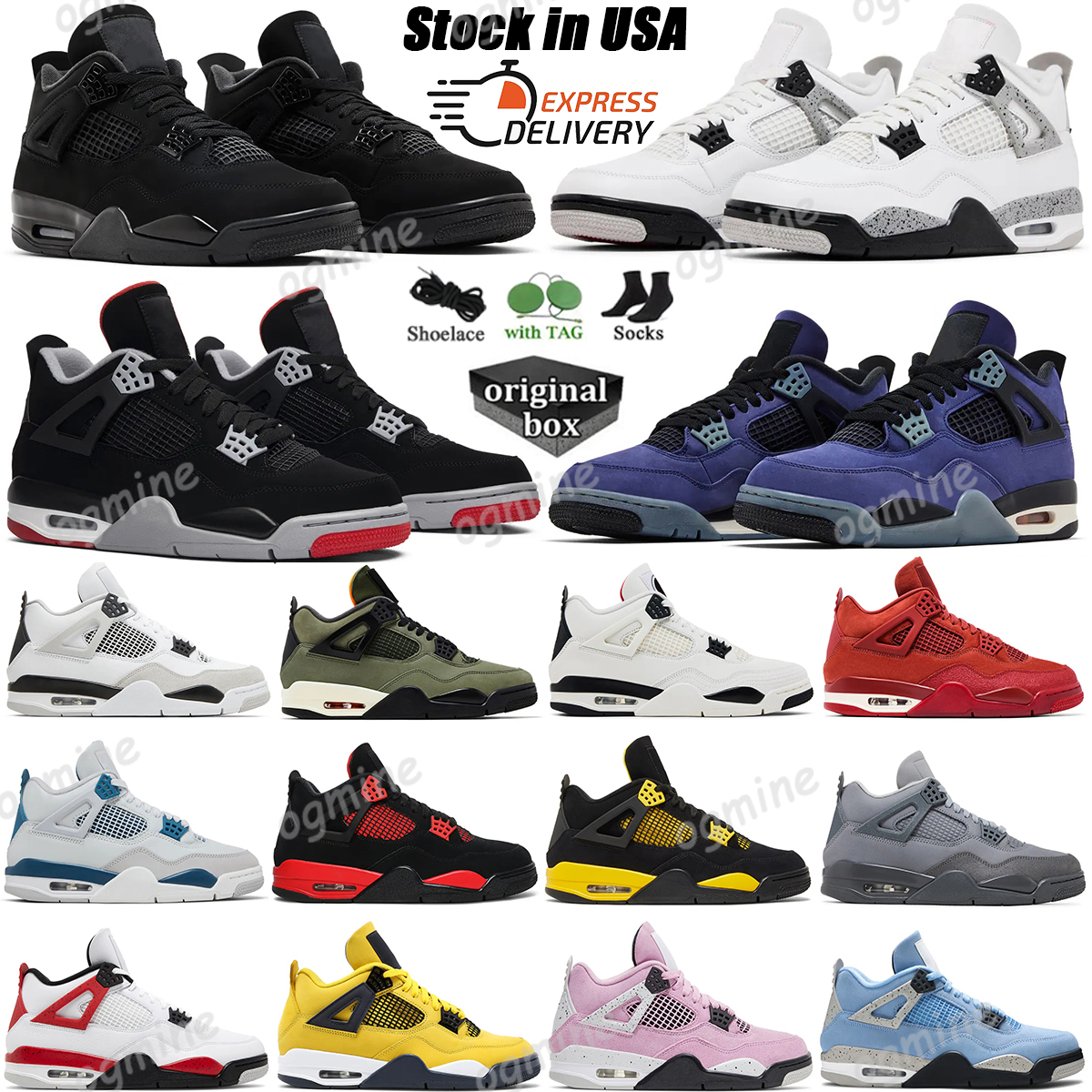 With Box Basketball Shoes 4 Black Cat 4s Military Black Cat Bred Sail Red Cement White Cement Thunder Cool Grey University Blue Pink Man Women Sneaker Sport Trainer
