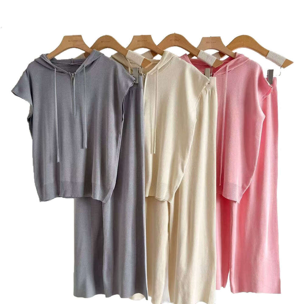 2026 k30 Summer New Designer Solid Color Hooded Sleeveless Tank Top Fashion Set Loose Casual Knitted Women's Set
