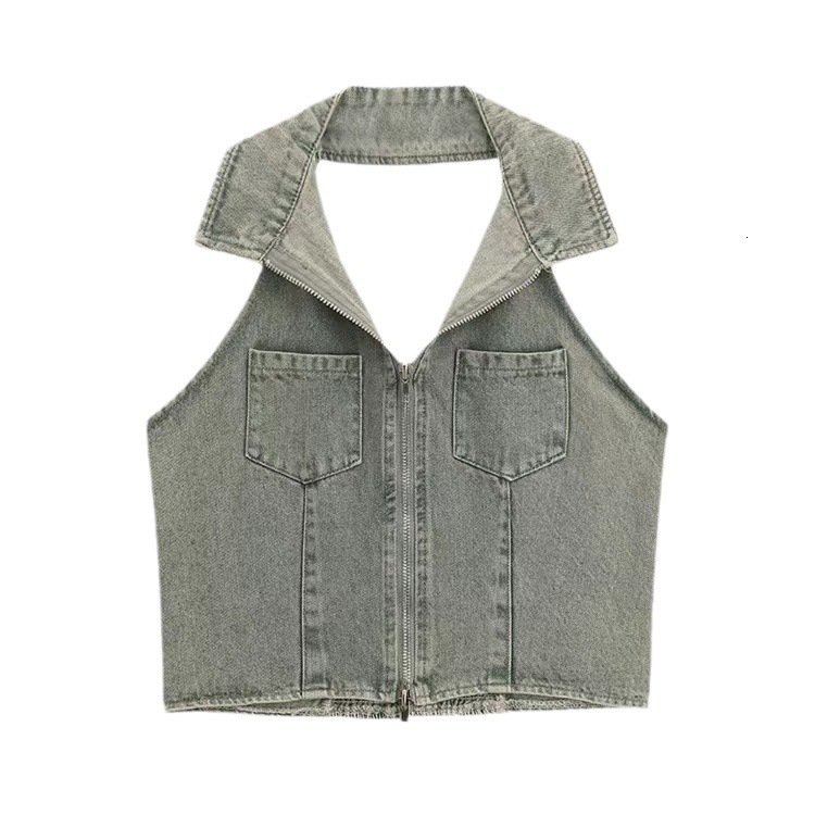 Polo collar denim vest summer Korean style slim-fit short halter neck top trendy and sexy sleeveless inner wear for women221201