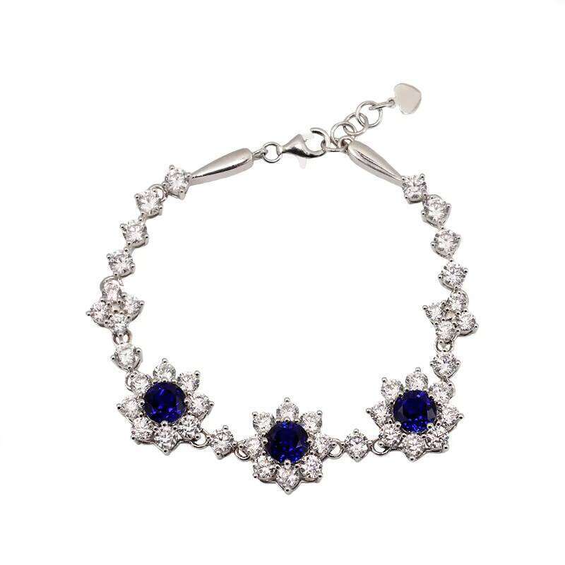 The S925 Silver Rhodium Plated Laboratory Sapphire Deep Rich Retro Elegant Women's Chain & Link Bracelet for Any Scene