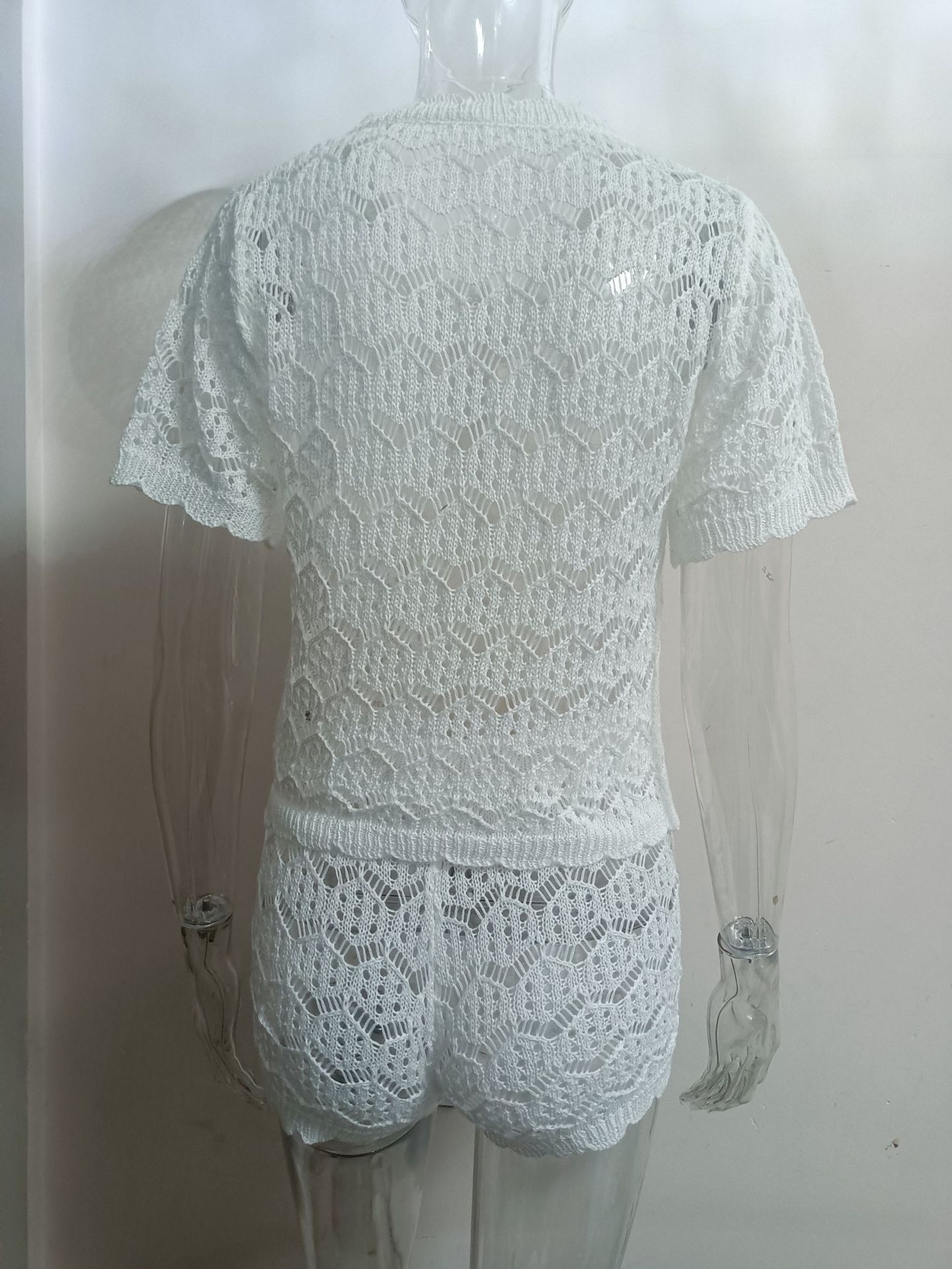 Women's Tracksuits Women Crochet Hollow Out Top Shorts Set Fashion Round Neck Cardigan Crop Tops 2 Piece Sets Summer Lady Y2k Beach Party