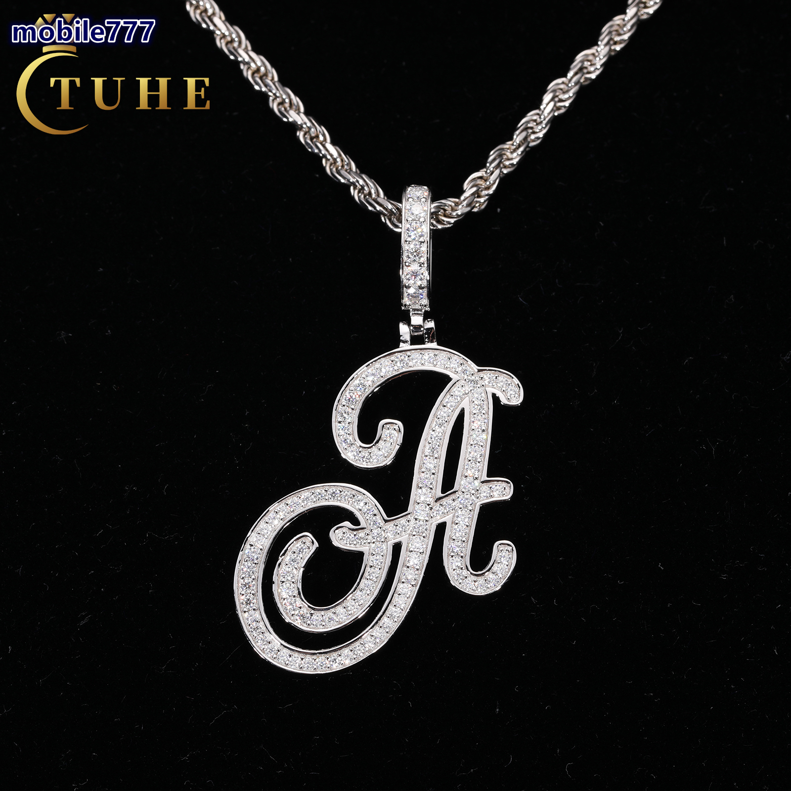 Iced Out Hip Hop Pendant White Gold 925 Sterling Silver VVS Moissanite Diamond Cursive Initial Letter Personalized Name Charm Luxury Rapper Jewelry Fo