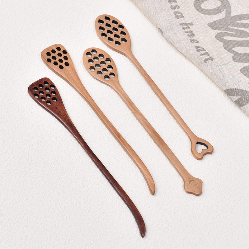 Spoon Heart Shape Honeycomb Long Handle Wooden Coffee Honey Stirring Stick For Dessert Milk Tea Seasoning