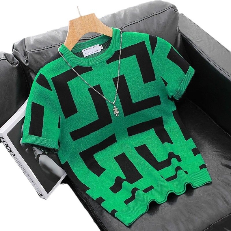 2026 Designer T-shirt Luxury Brand Fashion New Thick Round Neck Pullover Short Sleeved Top Men's Knitted Sweater Striped Jacquard T-shirt Youth B