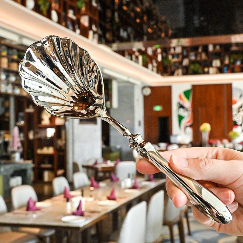 French-style vintage light luxury 304 stainless steel gourd-handled shell spoon and fork, hotel shared serving mixing spoon, factory