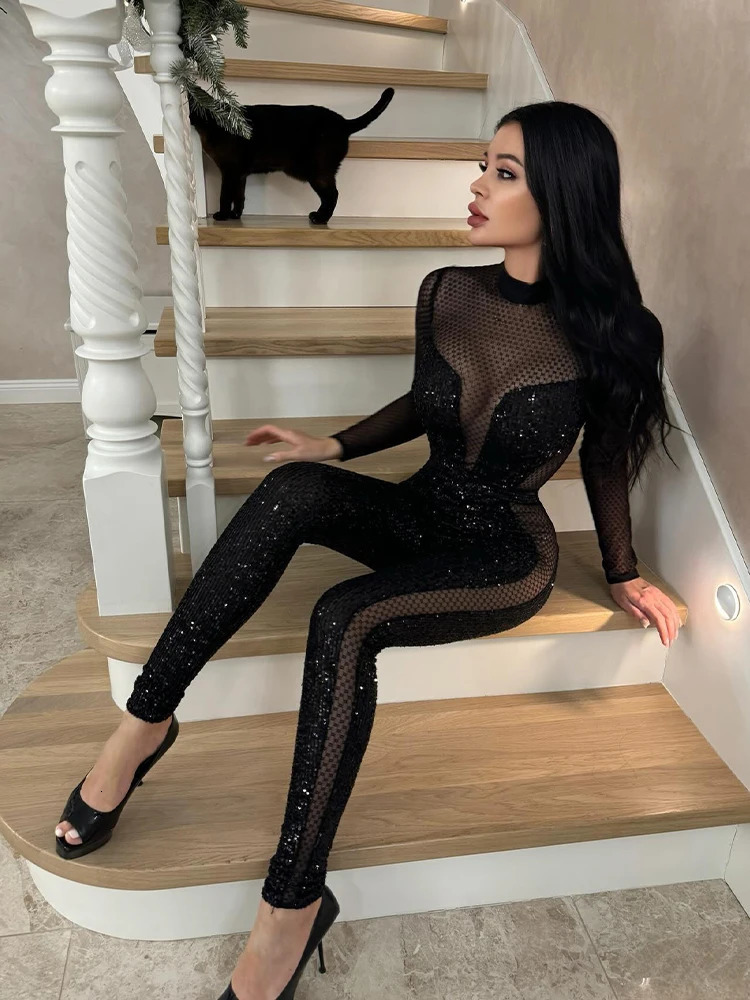 Mesh Patchwork Jumpsuits For Women Fashion Sexy Club Sequined Long Sleeves O-Neck Slim Fit See Through Romper Female Streetwear 260409