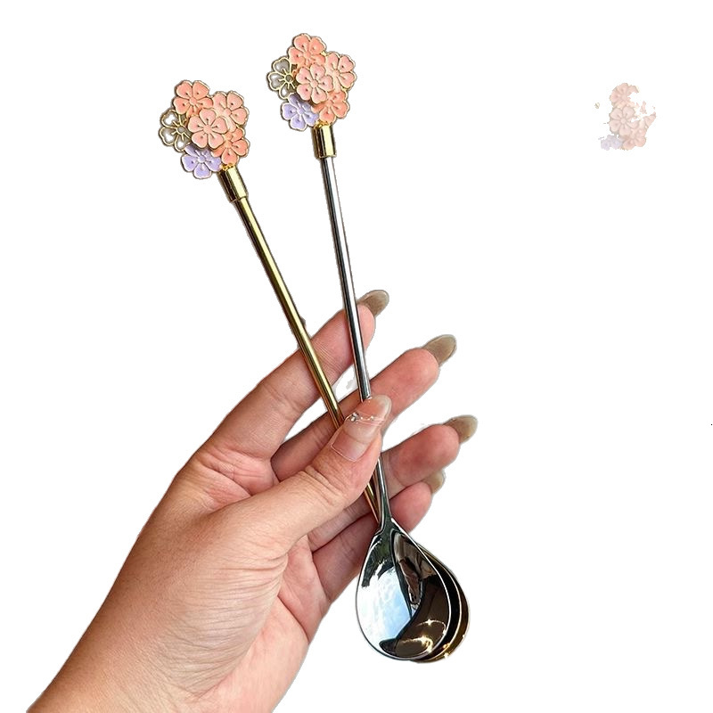 Cross-Border 304 Stainless Steel Japanese Sakura Exquisite Dessert Long Handle Ice Household Bird's Nest Stirring Spoon