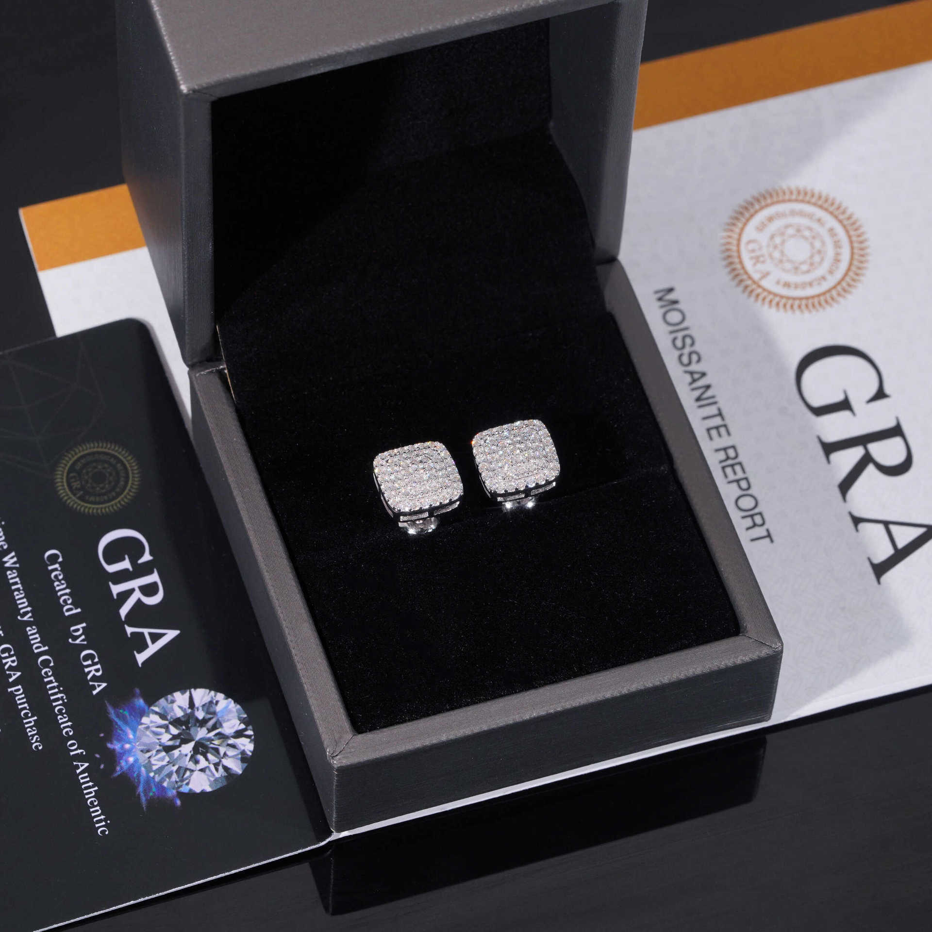 S925 silver three-row full diamond moissanite earrings suitable for both men and women comes with GRA certificate and black card