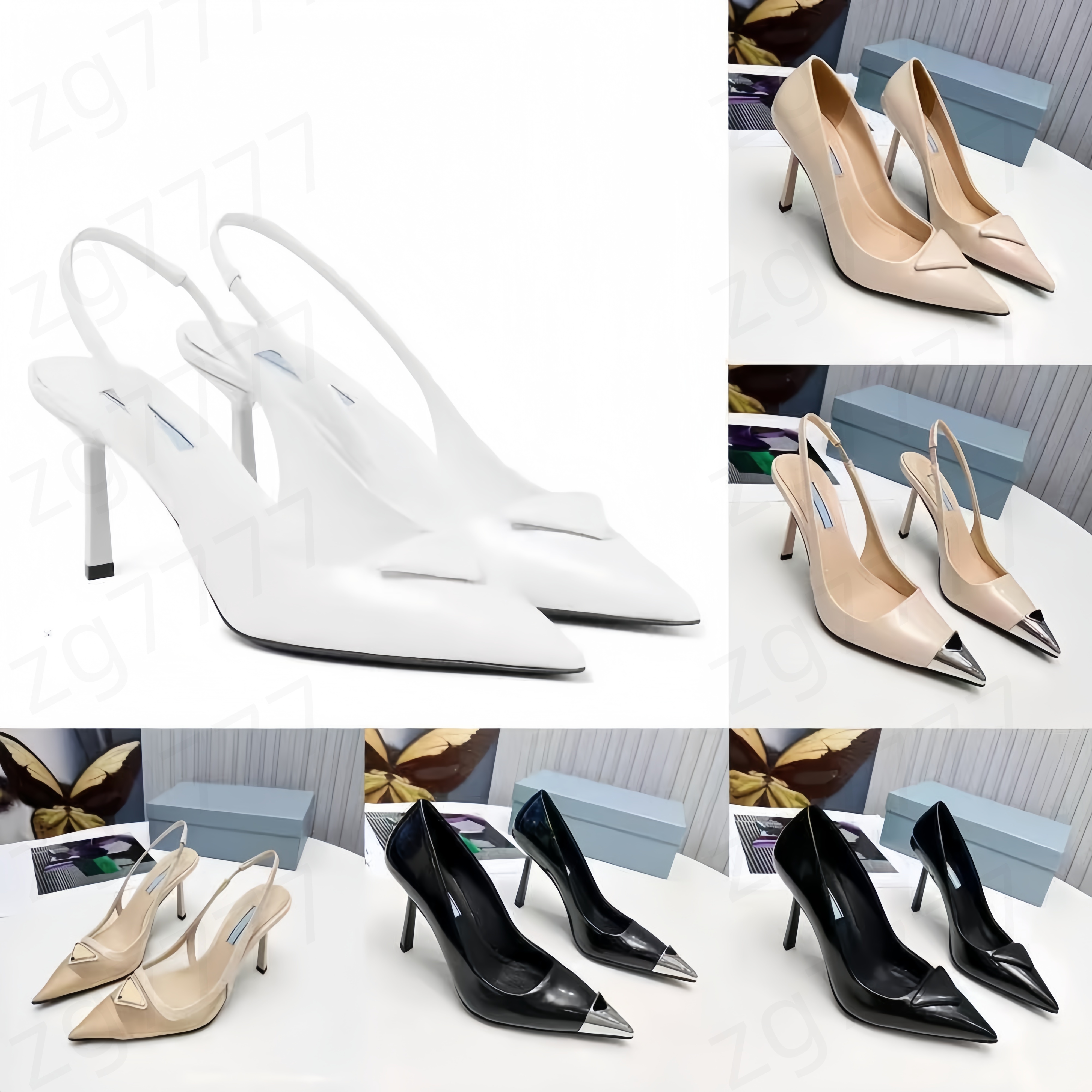2026 Super designer Shoes Women Sandal 70mm Heel Brushed Slingback Pumps Triangle Sandals Pointed Toe Genuine Leather and Mesh with Box top asd P high quality