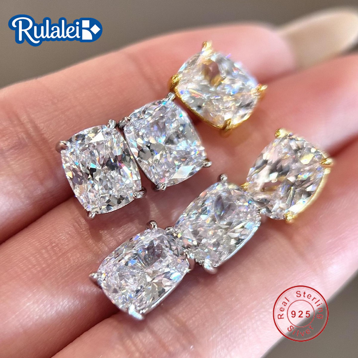 Rulalei Gorgeous 3CT Cushion Shape High Carbon Diamond Solitaire Luxury Jewelry 925 Sterling Silver 18K Gold Fill Ice Cut Gemstones Party Lady Stud Ea