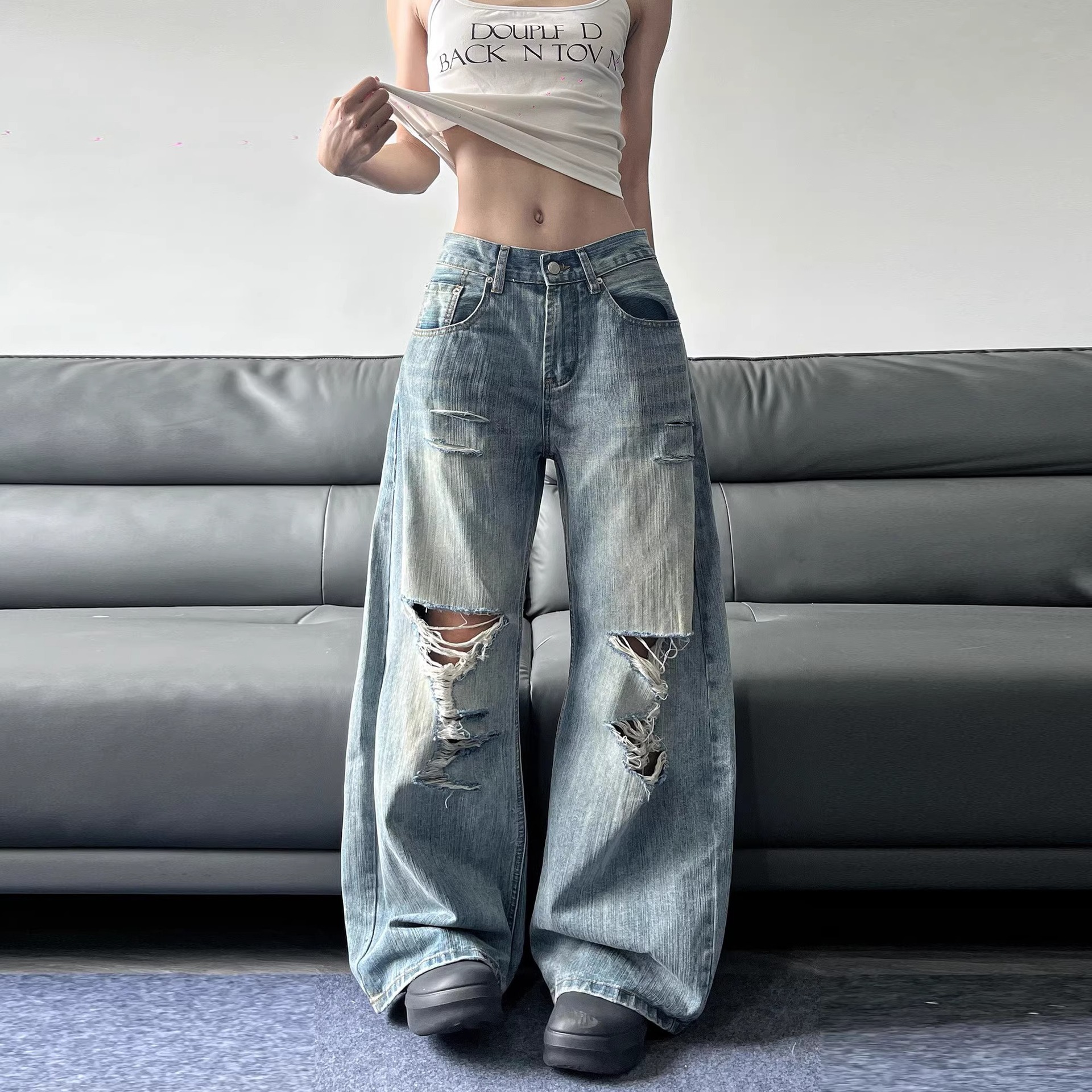 Women's Jeans Hip Hop Splice Fashion Basics Retro For Simple Dressing Up Daily Necessary Wide Leg Pants Baggy Cargo
