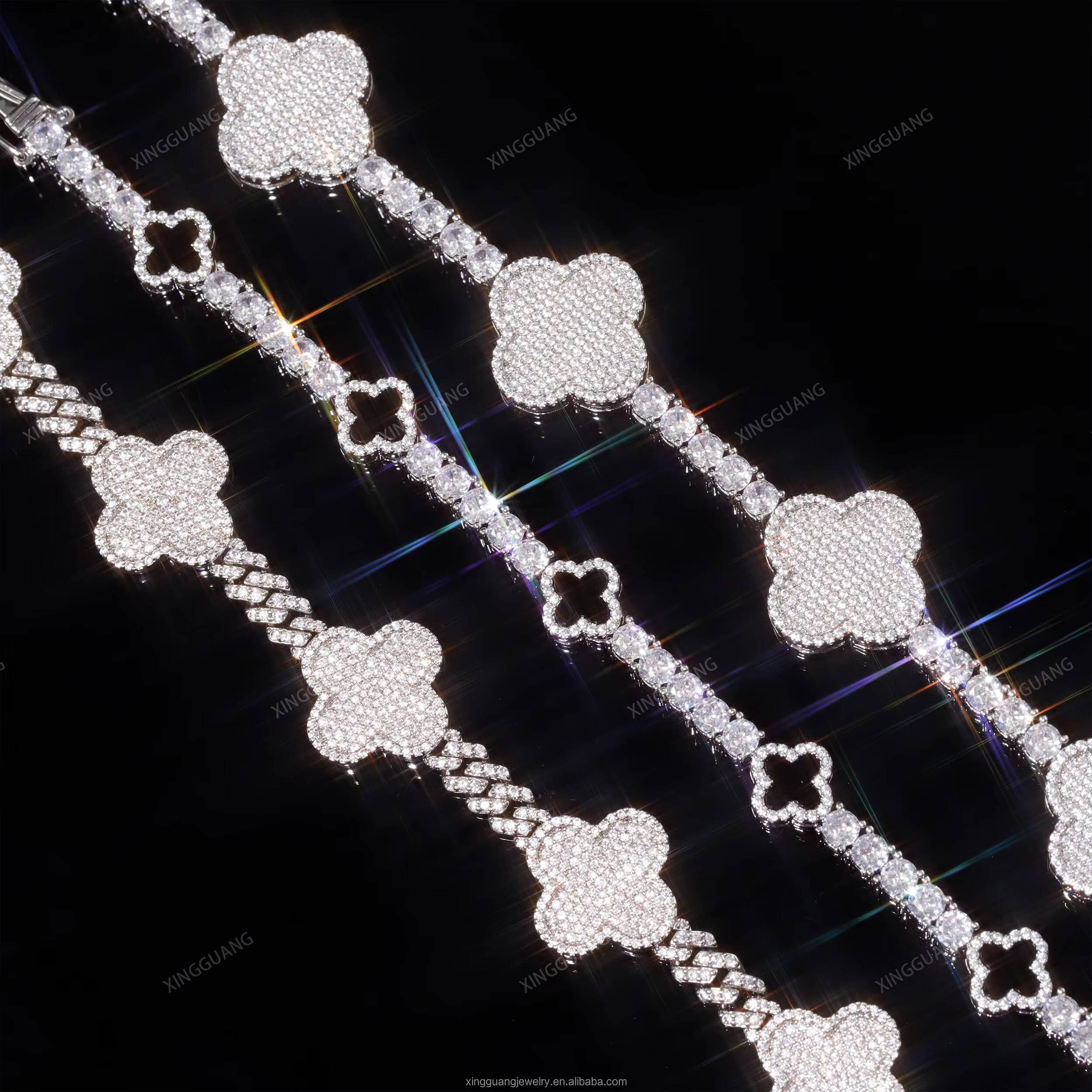 Iced Out Diamond Cuban Necklace 925 Sterling Silver VVS Moissanite Diamond Four Leaf Clover Tennis Bracelet