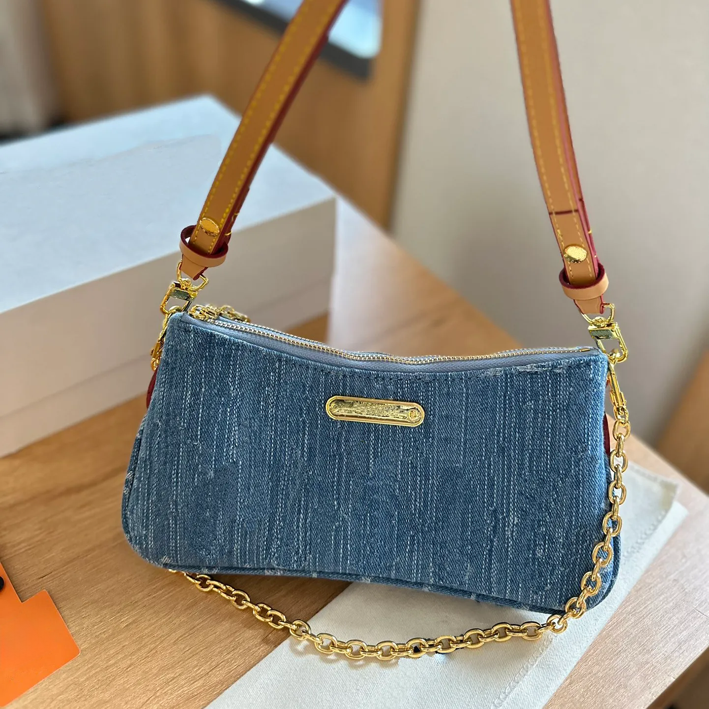 designer pochette bag chain underarm bag double zipper hobo old flower vintage classic women purse denim bag wallet on chain ivy