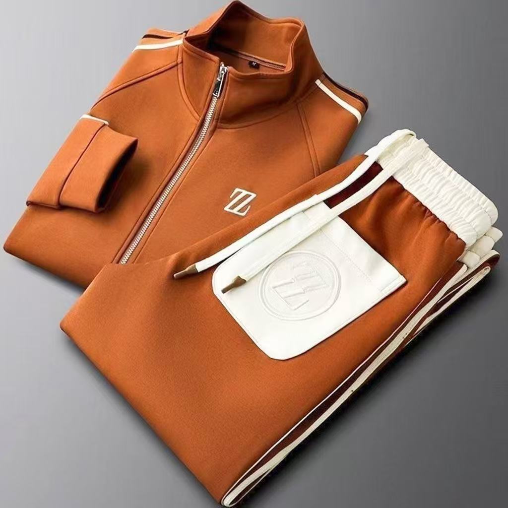 Men's New Autumn Stand Collar Casual Sports Set, Trendy Fashion Sportswear, Long Sleeve & Straight-Leg Pants 2-Piece Set