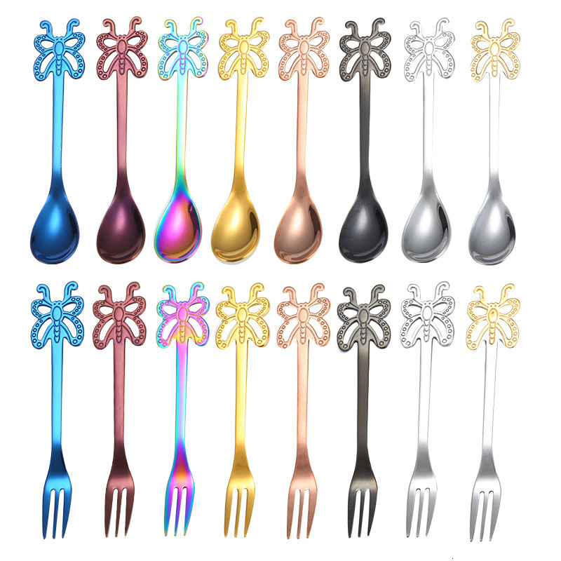 Cutlery 304 Stainless Steel Butterfly Coffee Spoon Golden Fantasy Colorful Dessert Fruit Fork Creative Fork