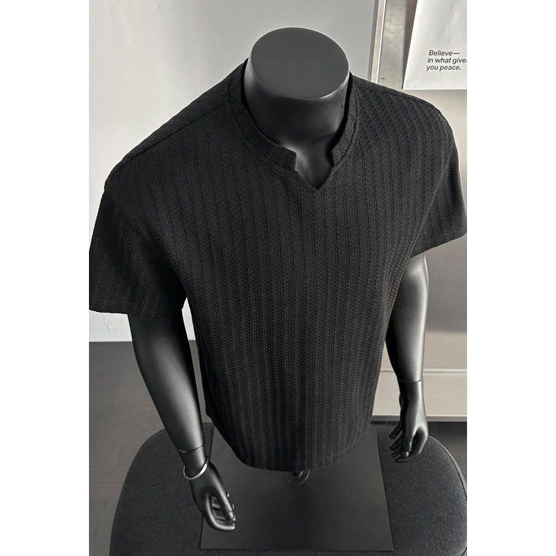 Luxury Brand Herringbone V Neck Short Sleeve T Shirt Men Fashion American Streetwear Trendy Brand Oversized Heavyweight Teen Tee Top Casual Retro Vint