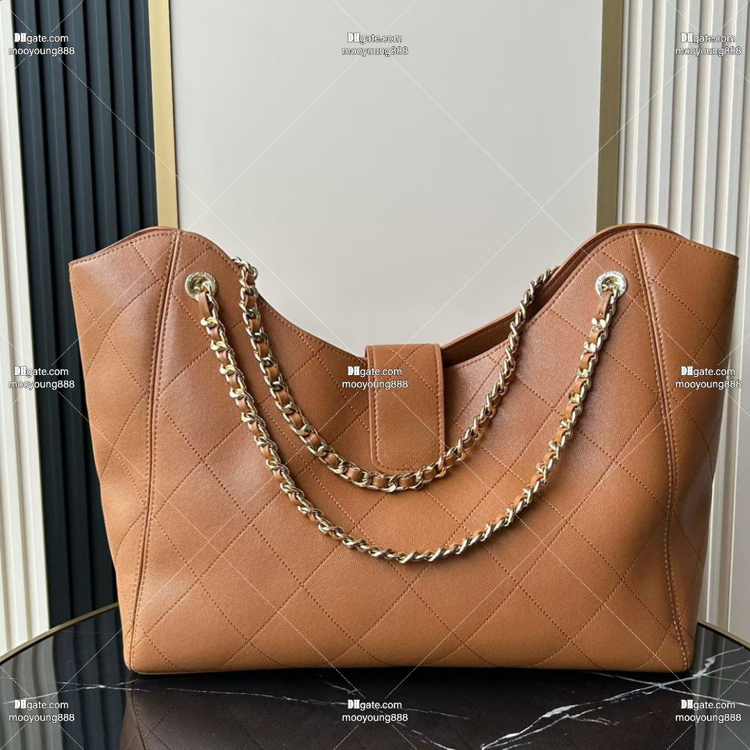 12A Upgrade Mirror Quality Designer Tote Bags for Women Maxi Shopping Bag 54cm Large Capacity Handbags Grain Calfskin Shoulder Bag Brown Purse with Mini Pouch S6095