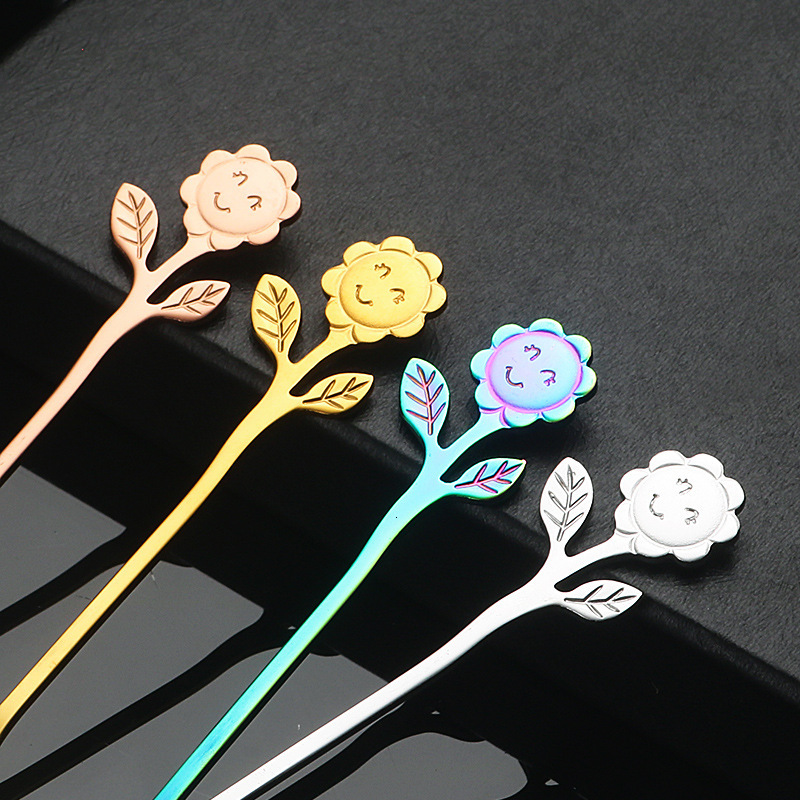 Spoon 2pcs Creative Smiling Sunflower Stainless Steel Coffee Dessert Fork High Value Gift Spoon