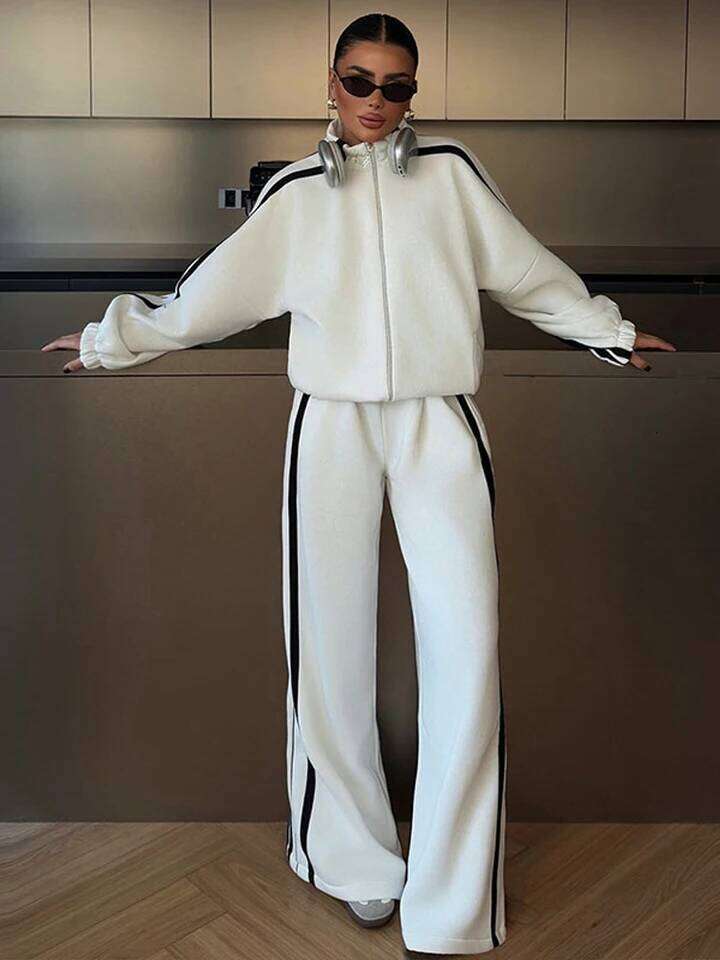 2026 New Arrival Women Contrast Color Hoodie Pant Suits Long Sleeve Zipper Wide Leg Trousers Ladies Casual Spring Two Piece Set Streetwear Loungewear 