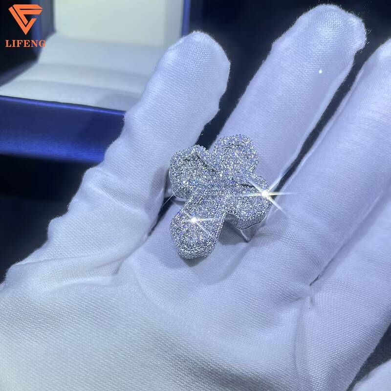 Custom 18K Gold Plated Gra Iced VVS Moissanite Diamond Cross Ring 925 Sterling Silver Hip Hop Style for Men Fashion Jewelry