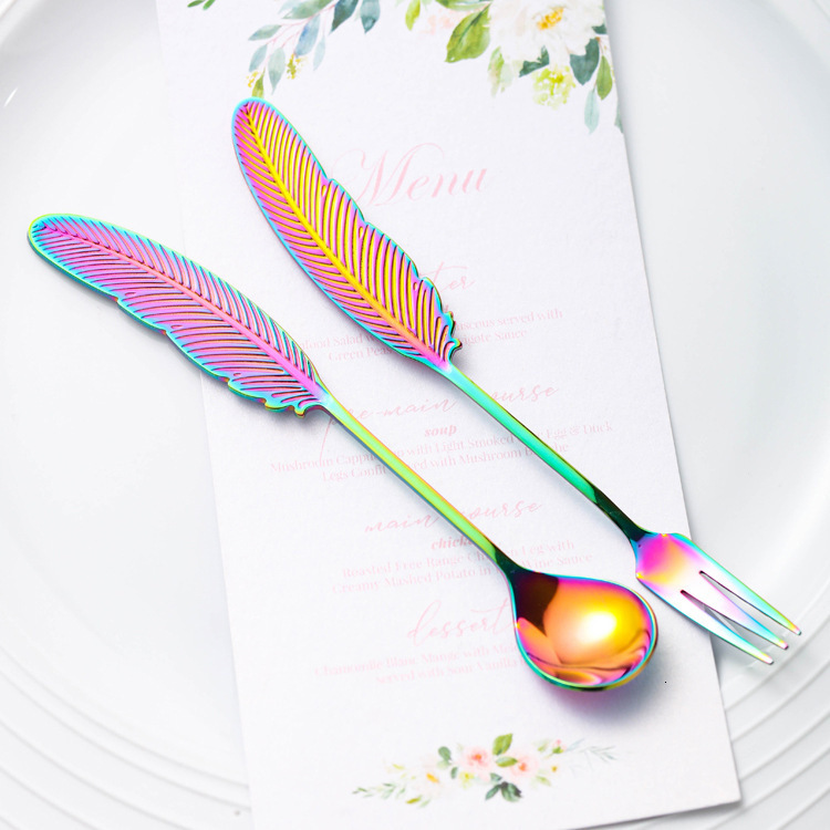 Creative 304 Stainless Steel Feather Shape High-Value Coffee Cute Dessert Spoon Fruit Fork