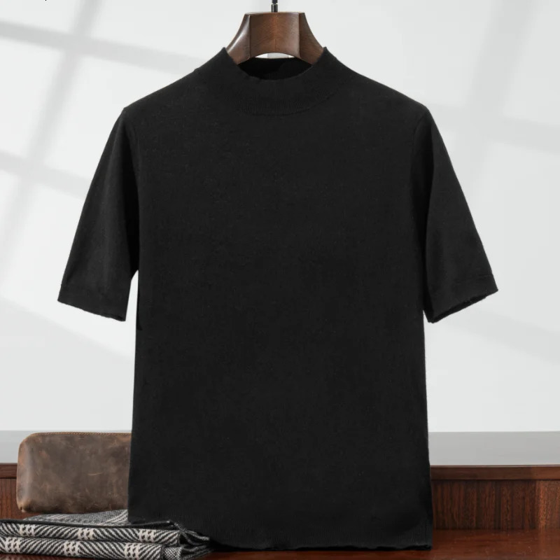 Summer 25 mens knitted 100 wool sweater Tshirt casual short sleeved thin half high neck pullover 260402