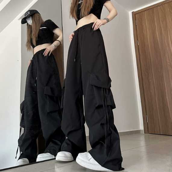 American-style retro quick-drying high-waisted work pants with women's three-dimensional pockets and straight-leg wide-leg design H260410