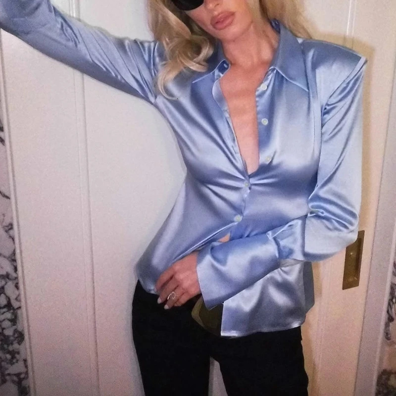 Combhasaki Women Elegant Vintage Satin Silk Shirts Lapel Collared Buttondown Slim Fit Blouses Y2k Long Seeve Silky Cropped Tops 260330 - view 4