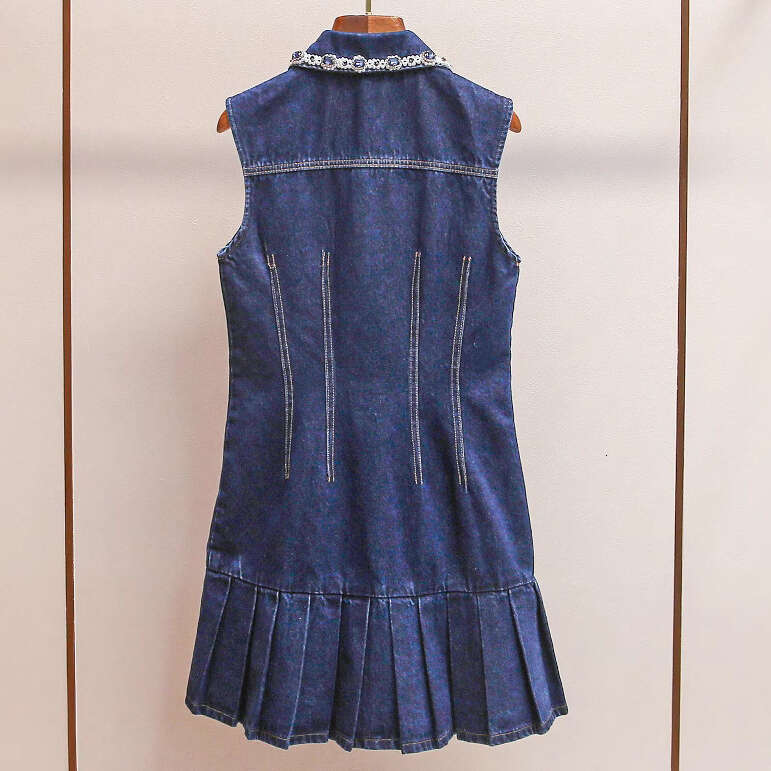 FC Spring and summer new designer simple and mature k30 women's FC high-end pearl embellishment lapel sleeveless single breasted pleated skirt