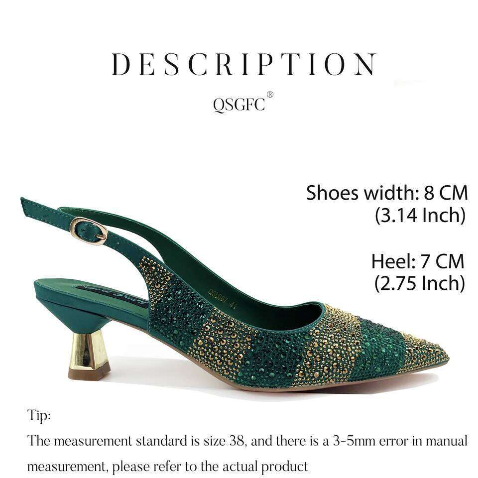 QSGFC Nigerian Women Heel Ladies Italian Design Green Shoes And Bag Set Decorated with Rhinestone Handbag Wedding Party