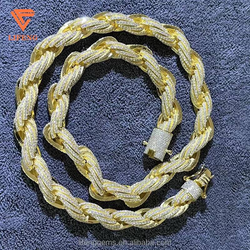 18k Gold Plated 10mm Iced Out Miami Rope Chain VVS D Colour Moissanite Cuban Link Chain Choker for Men Hip Hop Rope Necklace