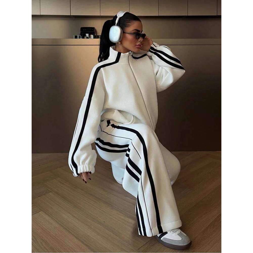 2026 New Arrival Women Contrast Color Hoodie Pant Suits Long Sleeve Zipper Wide Leg Trousers Ladies Casual Spring Two Piece Set Streetwear Loungewear 