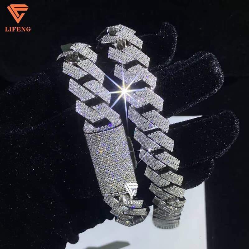 Lifeng Jewelry 15mm 4 Rows Diamond Cuban Link Bracelet Sterling Silver Solid VVS D Moissanite Hiphop Cuban Chain Bracelet