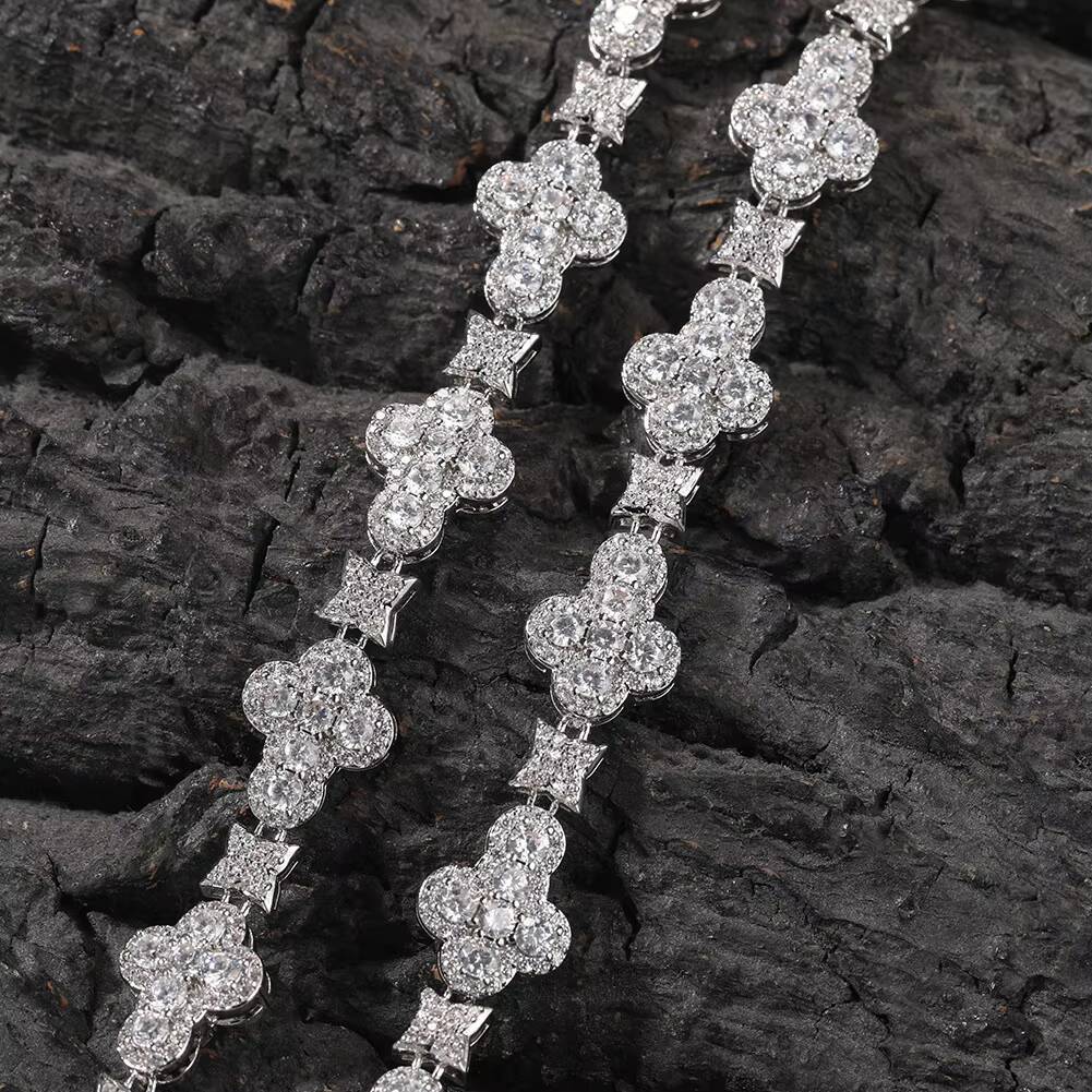 Fashion Hip Hop Jewelry 20mm Rose Gold 925 Sterling Silver Colored Moissanite Diamond Four Leaf Clover Infinity Link Bracelet