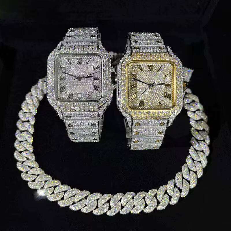 High Quality Classic Iced Out Diamond Wristwatch Stainless Steel Square Roman Dial Stylish Fully Automatic Moissanite Watch