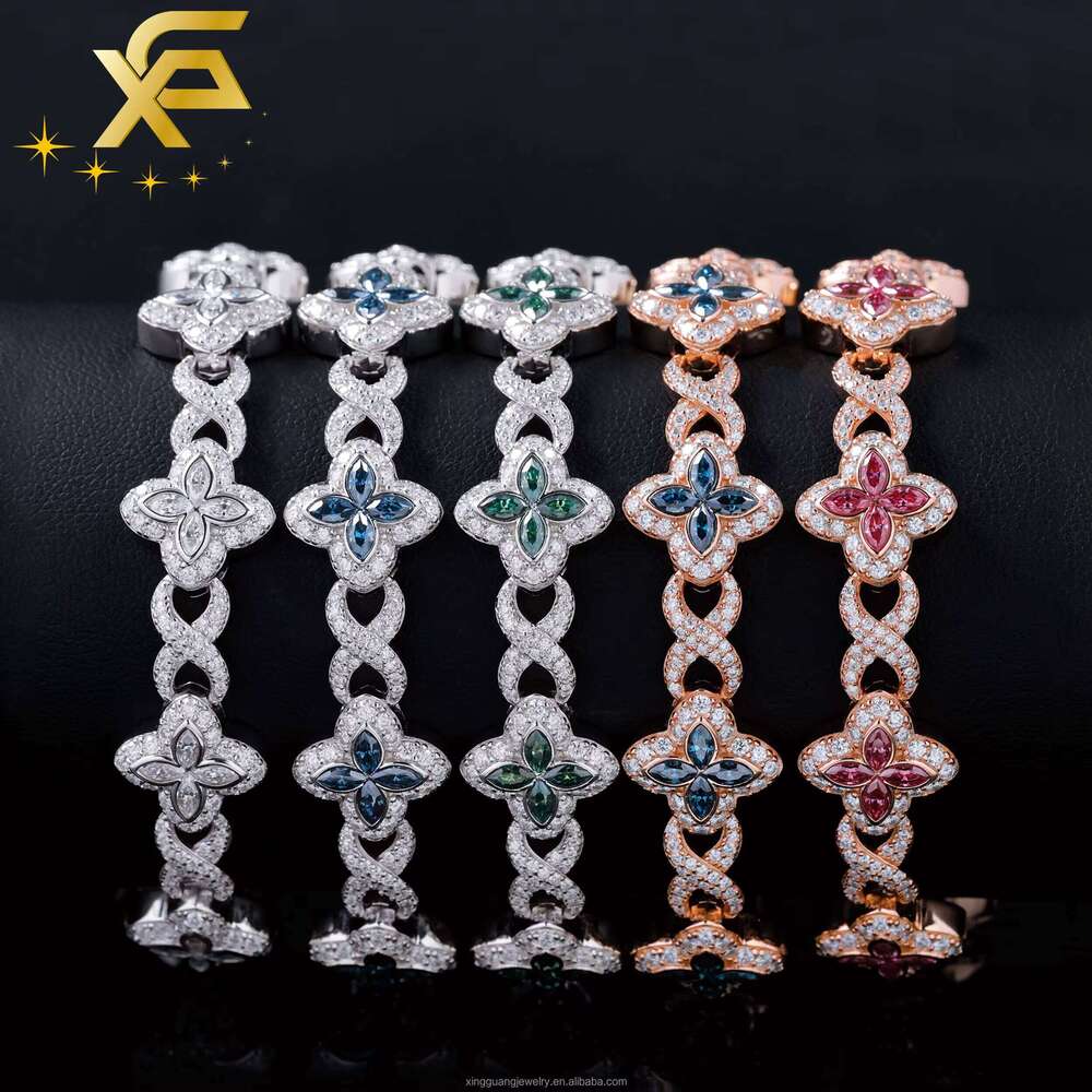Lucky 13mm Clover 18k Gold Plated 925 Silver Hip Hop Iced Out VVS Pink Green Blue Diamond Moissanite Bracelet for Gift