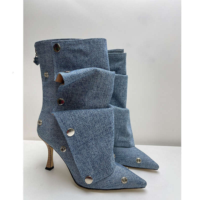 2024 European and American Foreign Trade Women's Shoes New High Heel Pointed Toe Metal Rivet Denim Patchwork Two-Way Wear Pile Large Size Short B
