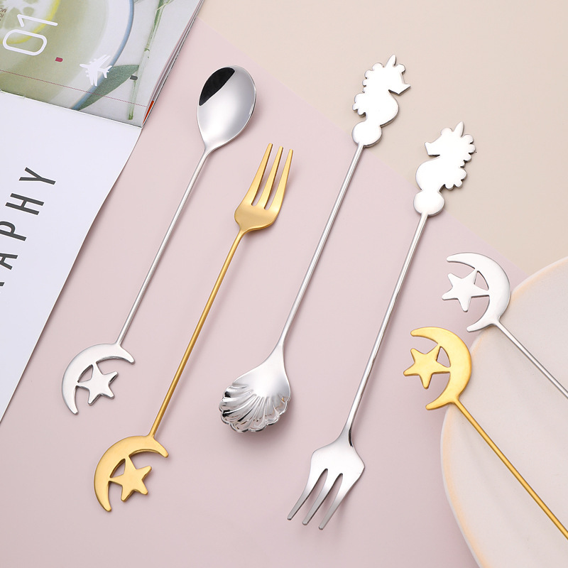 Fork Spoon Japanese Korean Creative Fruit Fork 304 Stainless Steel Star Moon Fork Spoon Seahorse Shell Coffee Stirring Spoon