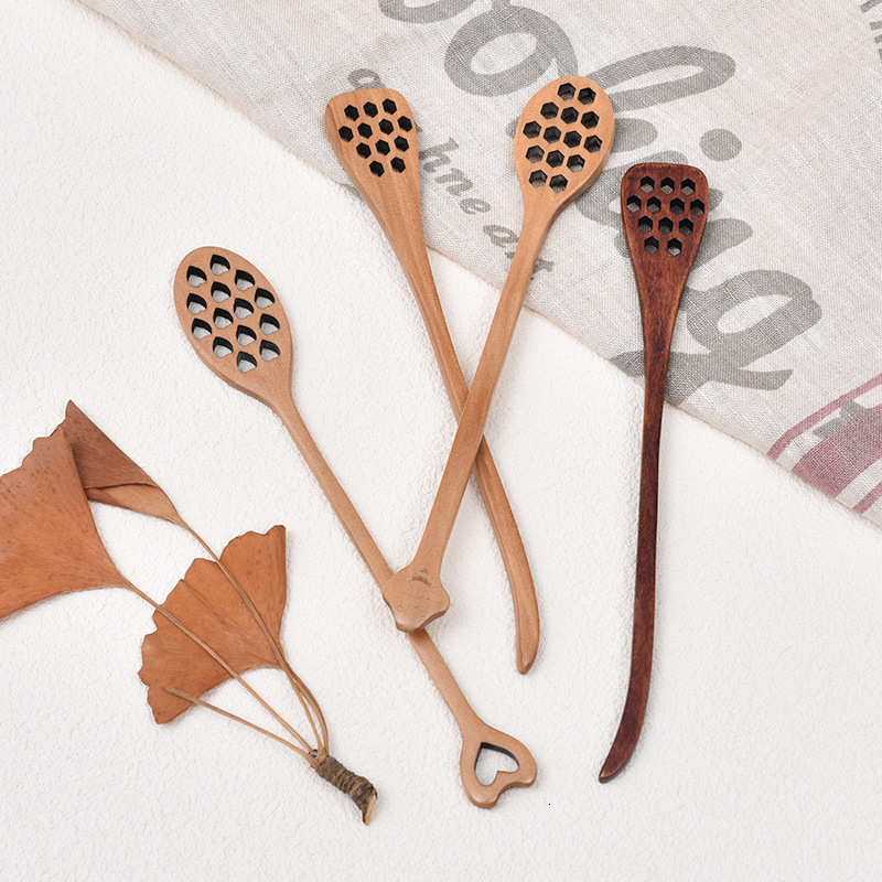 Spoon Heart Shape Honeycomb Long Handle Wooden Coffee Honey Stirring Stick For Dessert Milk Tea Seasoning