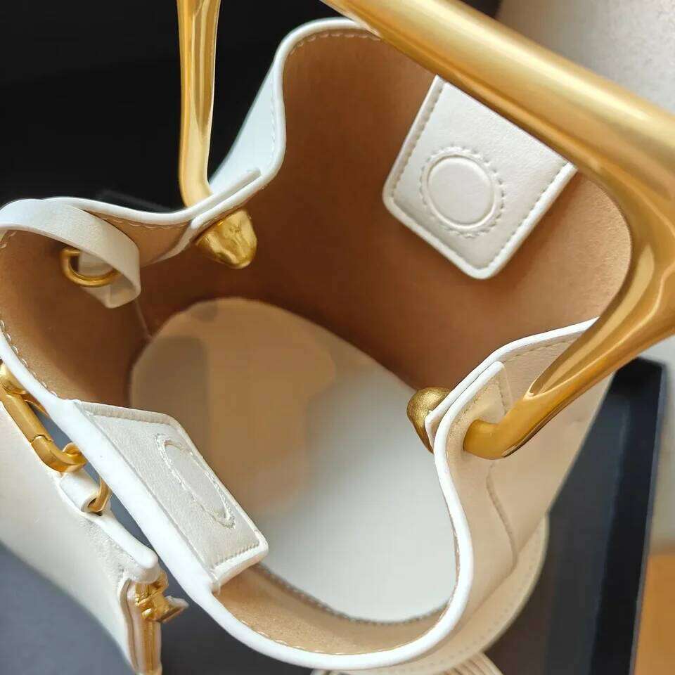 New Stylish High End Bucket Tote Bag For Women Beige Plain Satin Cow Leather Handbag Metal Handle Female Fashion Crossbody Bag Small Purse SENYY